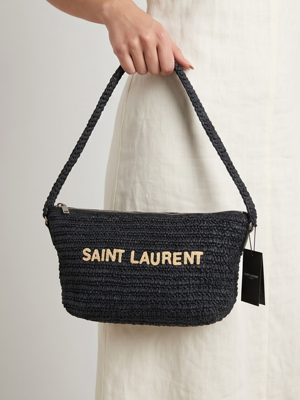 Saint Laurent Black Raffia Shoulder Bag with Contrast Cream Logo - Picture 2 of 16